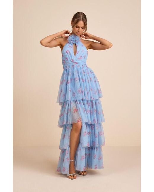 Lulus Blue Charmian Floral Tulle Tiered Maxi Dress