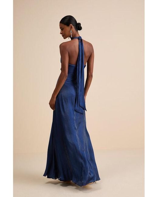 Lulus Blue Canley Satin Cross-Front Halter Maxi Dress