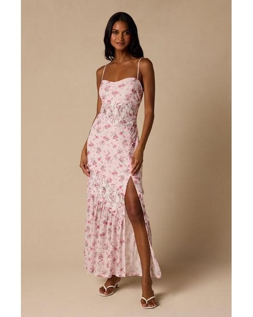 Lulus Pink Kasha Floral Asymmetrical Maxi Dress