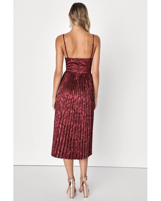 Lulus Red Chic Sensibility Satin Jacquard Pleated Midi Dress