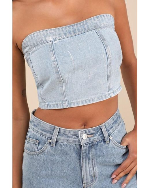 Glamorous Blue Modern Shine Light Wash Metallic Coated Denim Crop Top