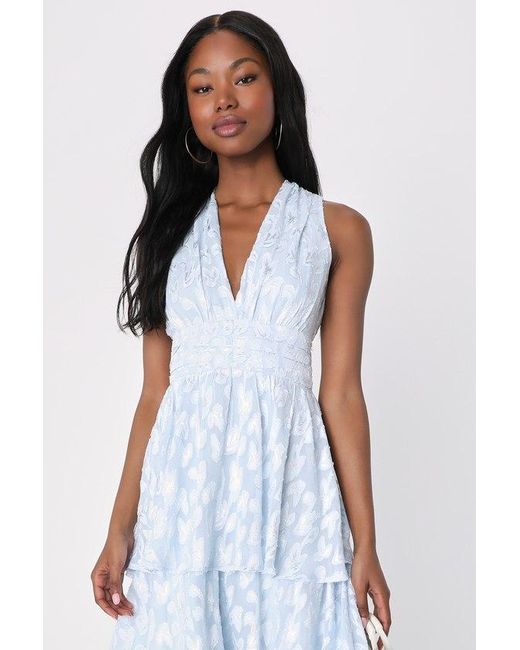 Lulus Blue Make It Mesmerizing Light Jacquard Tiered Midi Dress