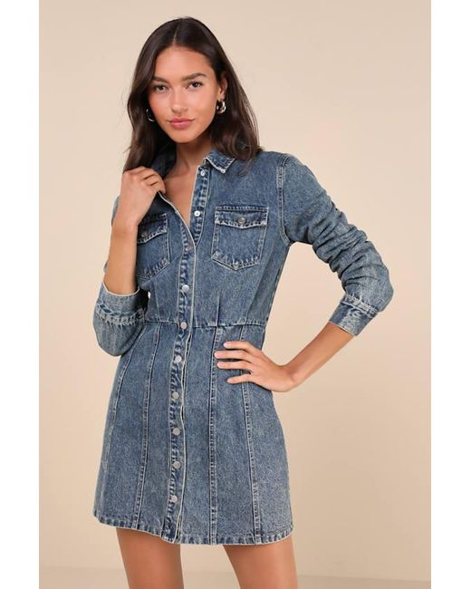 Lulus Blue Trendy Approach Medium Wash Button-Front Long Sleeve Denim Dress