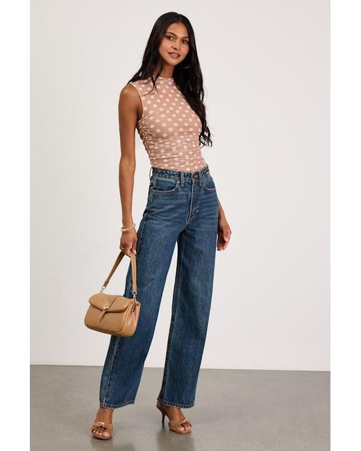 AFRM LOS ANGELES Blue Kinsley Polka Dot Mesh Mock Neck Tank Top