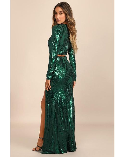 Lulus Blue Luxe Aesthetic Sequin Long Sleeve Two-Piece Maxi Dress