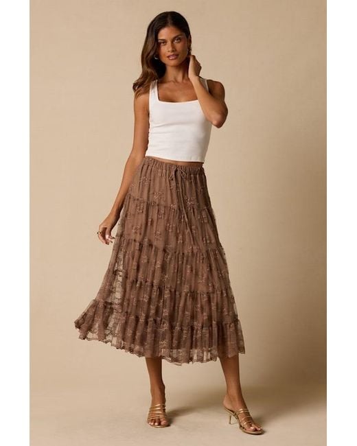 Lulus Brown Exceptionally Graceful Lace High-Rise Tiered Midi Skirt