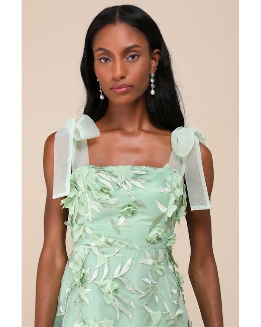 Lulus Green Effortlessly Sweet Sage Tulle 3D Floral Tie-Strap Midi Dress