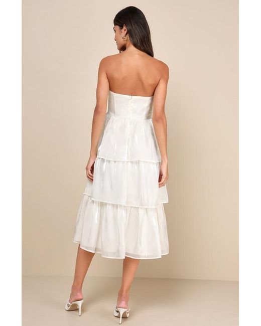 Lulus Natural Com-Pleat-Ly Charming Organza Tiered Strapless Midi Dress