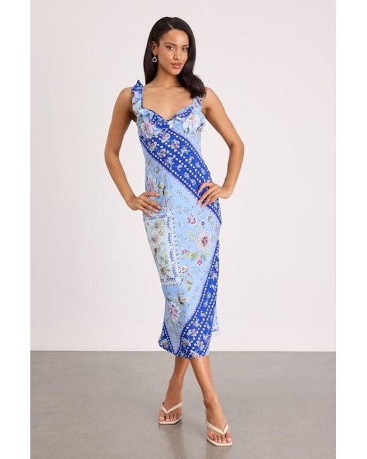 Lulus Blue Mellie Floral Scarf Print Ruffled Midi Dress