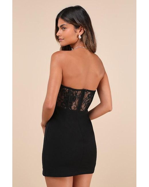 Lulus Black Sultry Persona Lace Strapless Bustier Bodycon Mini Dress