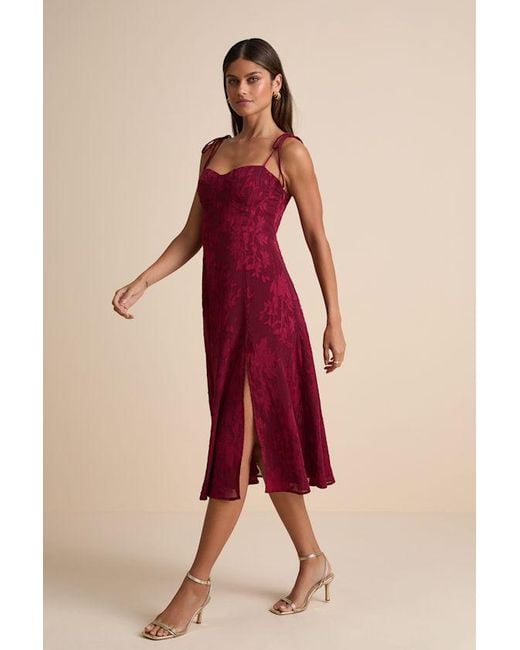 Lulus Red Loveliest Looks Floral Jacquard Tie-Strap Midi Dress
