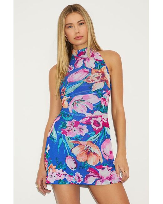 Lulus Women's Blue Mitzi Bright Floral Mesh Halter Mini Dress