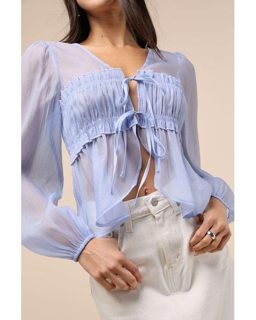 Lulus Blue Kyler Sheer Tie-Front Long Sleeve Top