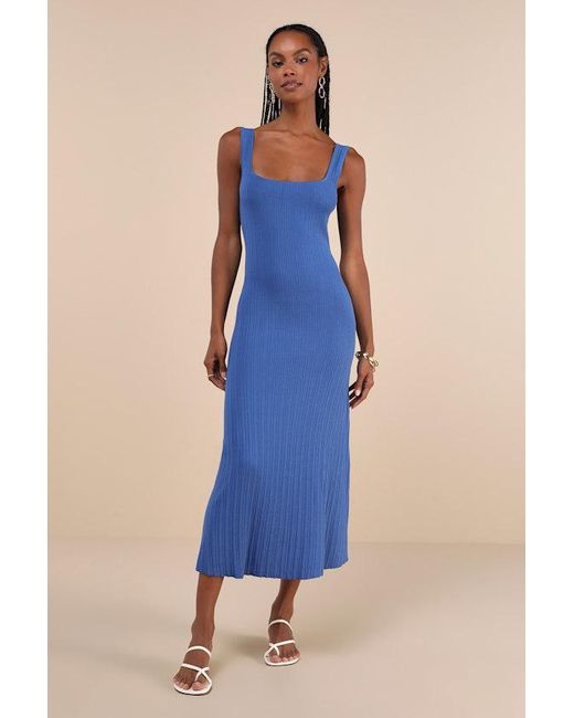 Lulus Blue Majorly Stylish Ribbed Knit Sleeveless A-Line Midi Dress