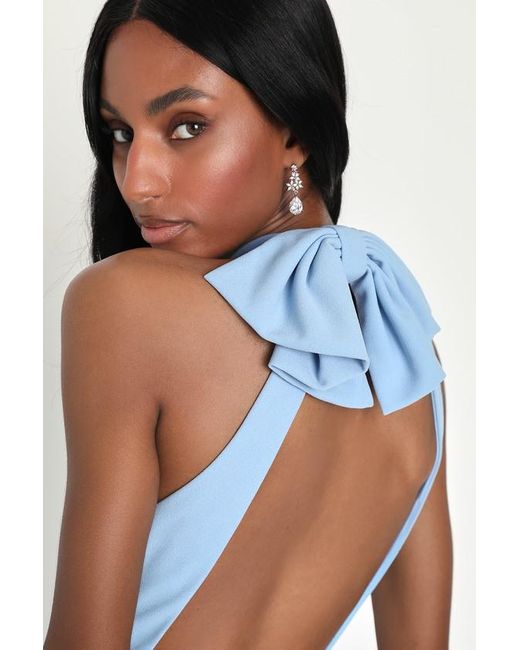 Lulus Blue Striking Elegance Bow Backless Halter Maxi Dress