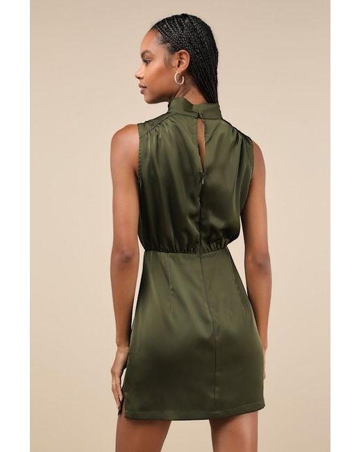 Lulus Green Classic Elegance Satin Sleeveless Mock Neck Mini Dress