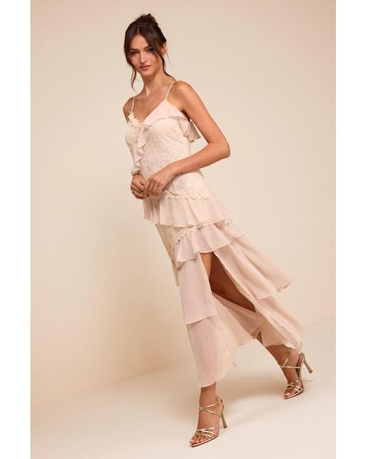 Lulus Natural Shay Cream Tiered Lace Midi Dress
