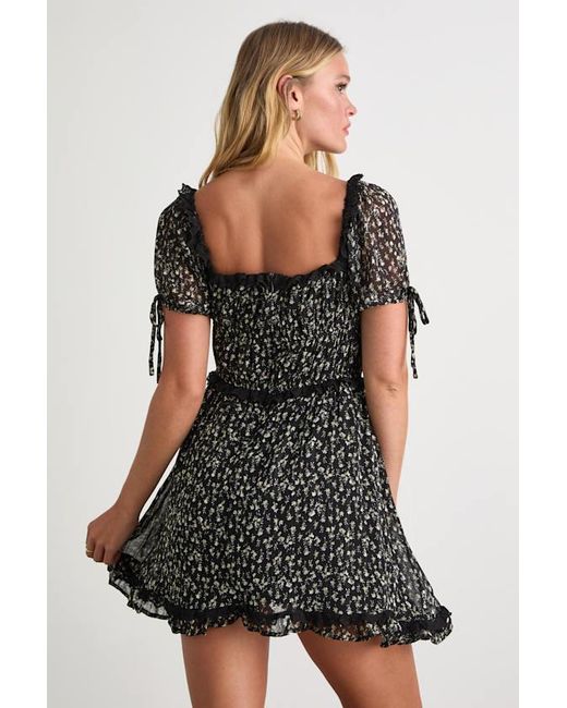 Lulus Black Adoring Moment Floral Lace Ruffled Puff Sleeve Mini Dress