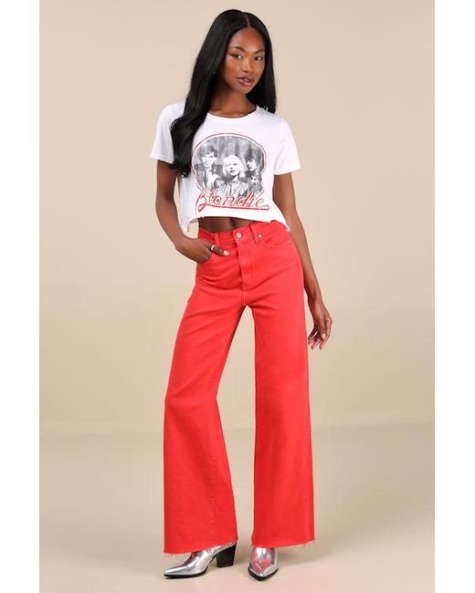 Daze Denim Red Far Out High-Rise Raw Hem Wide-Leg Jeans