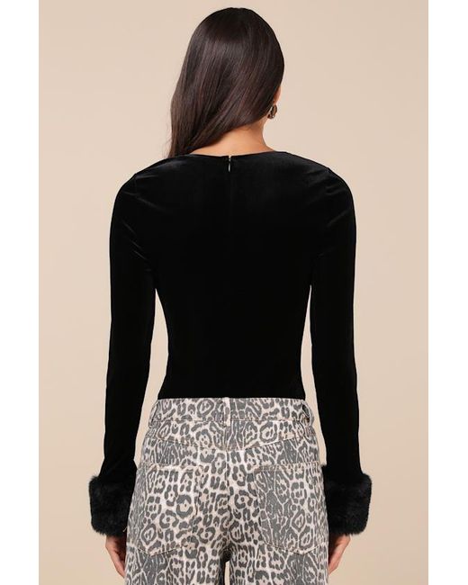 Lulus Black Toasty Allure Velvet Faux Fur Long Sleeve Bodysuit