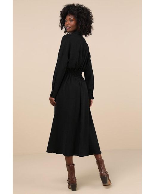 Lulus Black Timeless Class Collared Button-Up Pleated Midi Dress
