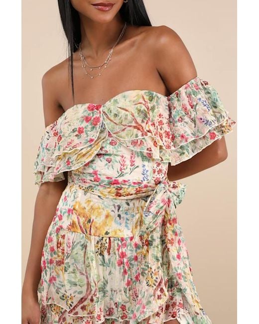 Lulus Natural Lucella Floral Tiered Off-The-Shoulder Midi Dress