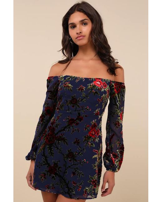 Lulus Blue Magnificent Charm Velvet Off-The-Shoulder Mini Dress