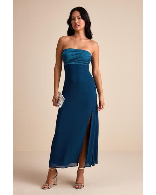 Lulus Women's Blue Devlin Dark Mixed Media Strapless Midi Dress