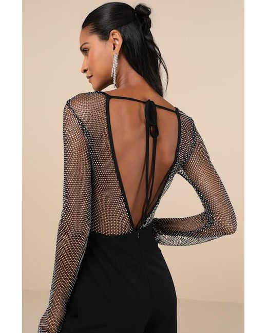 Lulus Black Beyond Glamorous Fishnet Rhinestone Jumpsuit