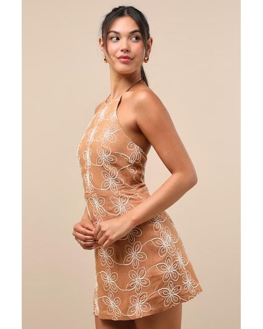 Lulus Natural Tetiana Floral Embroidered Halter Mini Dress