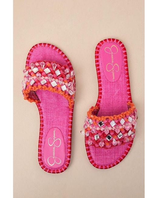 Jessica Simpson Pink Brennara Bright Orchid Woven Rhinestone Slide Sandals