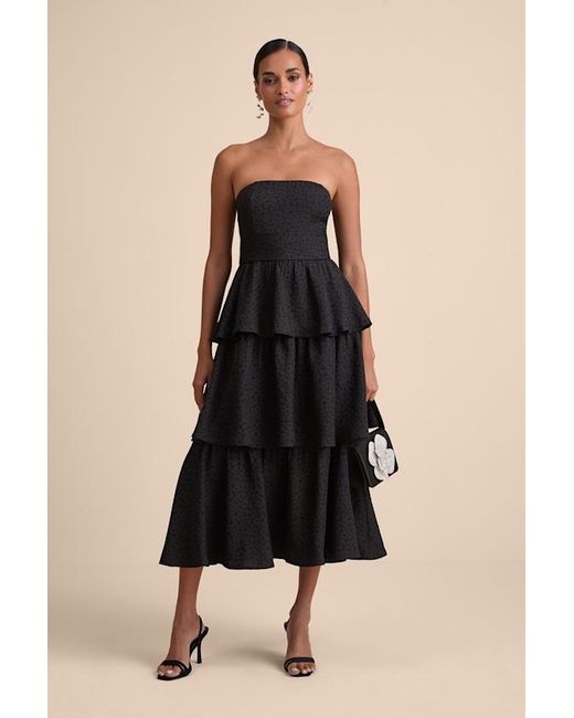 Lulus Black Truly Marvelous Jacquard Strapless Tiered Midi Dress