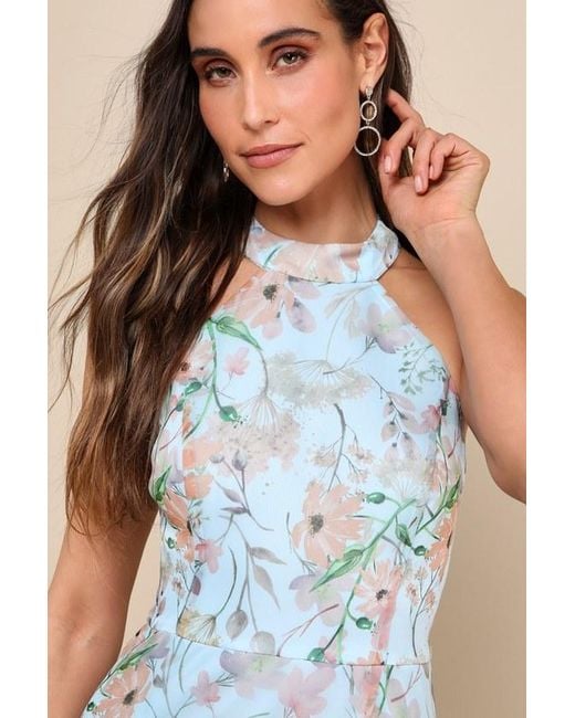Lulus Blue Forever Exceptional Light Floral Halter Organza Maxi Dress