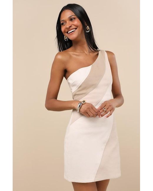 Lulus Natural Tara Color Block One-Shoulder Mini Dress