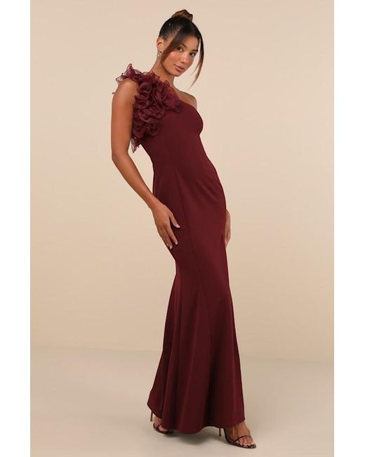Lulus Red Stunning Significance Plum One-Shoulder 3D Ruffled Maxi Dress