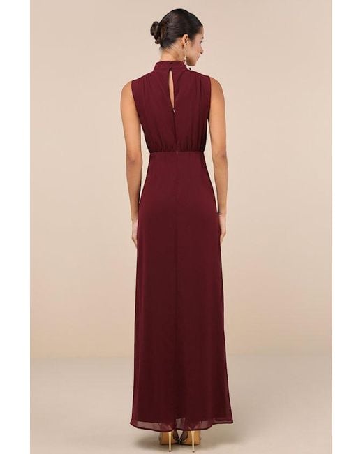 Lulus Red Classic Elegance Plum Chiffon Sleeveless Mock Neck Maxi Dress