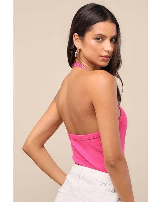 Lulus Pink Chic Contentment Ribbed Sleeveless Halter Bodysuit