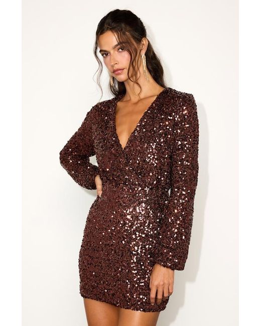 Lulus Brown Indescribable Shine Sequin Long Sleeve Mini Dress