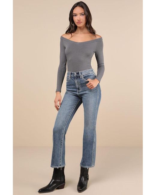 Lulus Blue Simply Polished Dark Ribbed Off-The-Shoulder Bodysuit