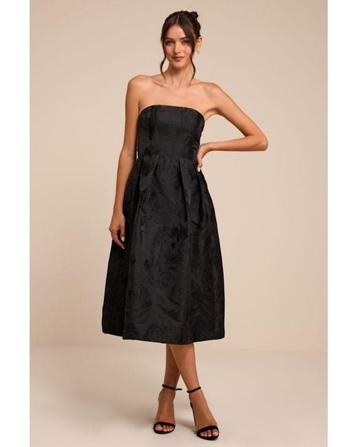 Lulus Black Laurelin Floral Jacquard Strapless Midi Dress