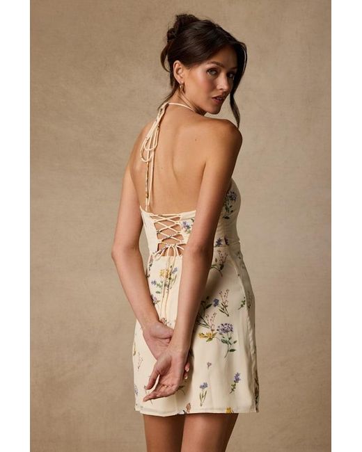 Lulus Natural Catch The Bouquet Cream Floral Print Halter Lace-Up Mini Dress