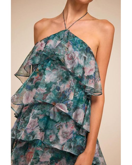 Lulus Blue Melody Multi Floral Tiered Halter Mini Dress