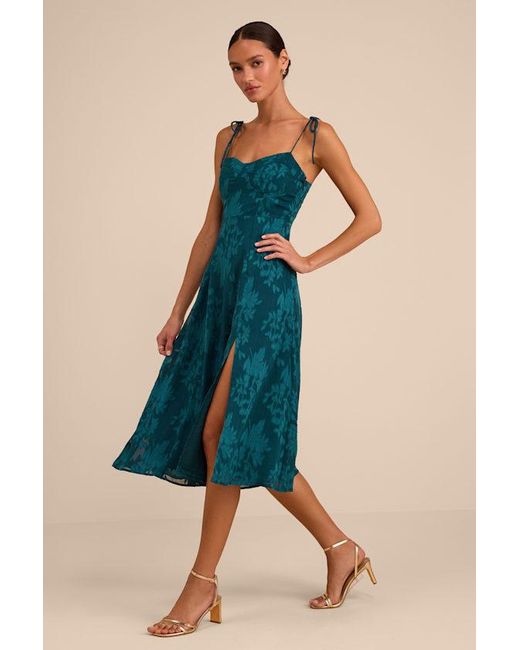 Lulus Blue Loveliest Looks Jacquard Tie-Strap Midi Dress