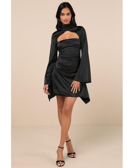 Lulus Black Sultry Elevation Satin Long Sleeve Cutout Mini Dress