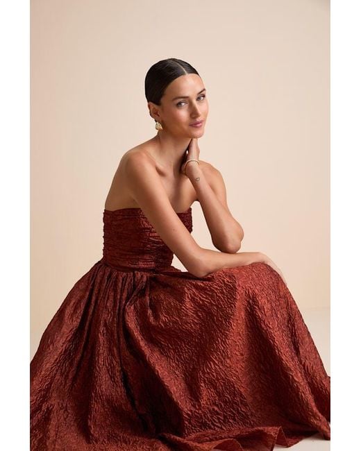 Lulus Red Analeia Rust Jacquard Lace-Up Strapless Midi Dress