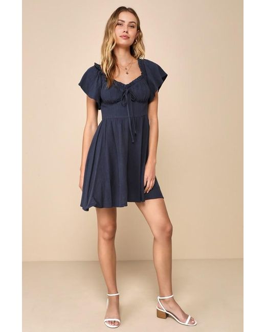 Lulus Blue Adorable Personality Linen Off-The-Shoulder Mini Dress