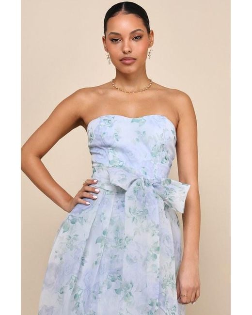 Lulus Blue Charming Sweetness Periwinkle Floral Organza Pleated Maxi Dress