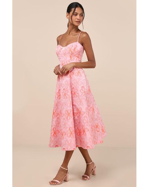 Lulus Pink Meet For Tea Jacquard Bustier Midi Dress With Pockets
