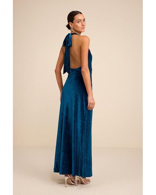 Lulus Blue Elarina Velvet Cowl Halter Mermaid Maxi Dress