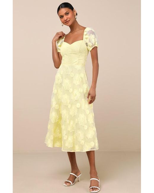 Lulus Yellow Sweetest Behavior Embroidered Puff Sleeve Midi Dress